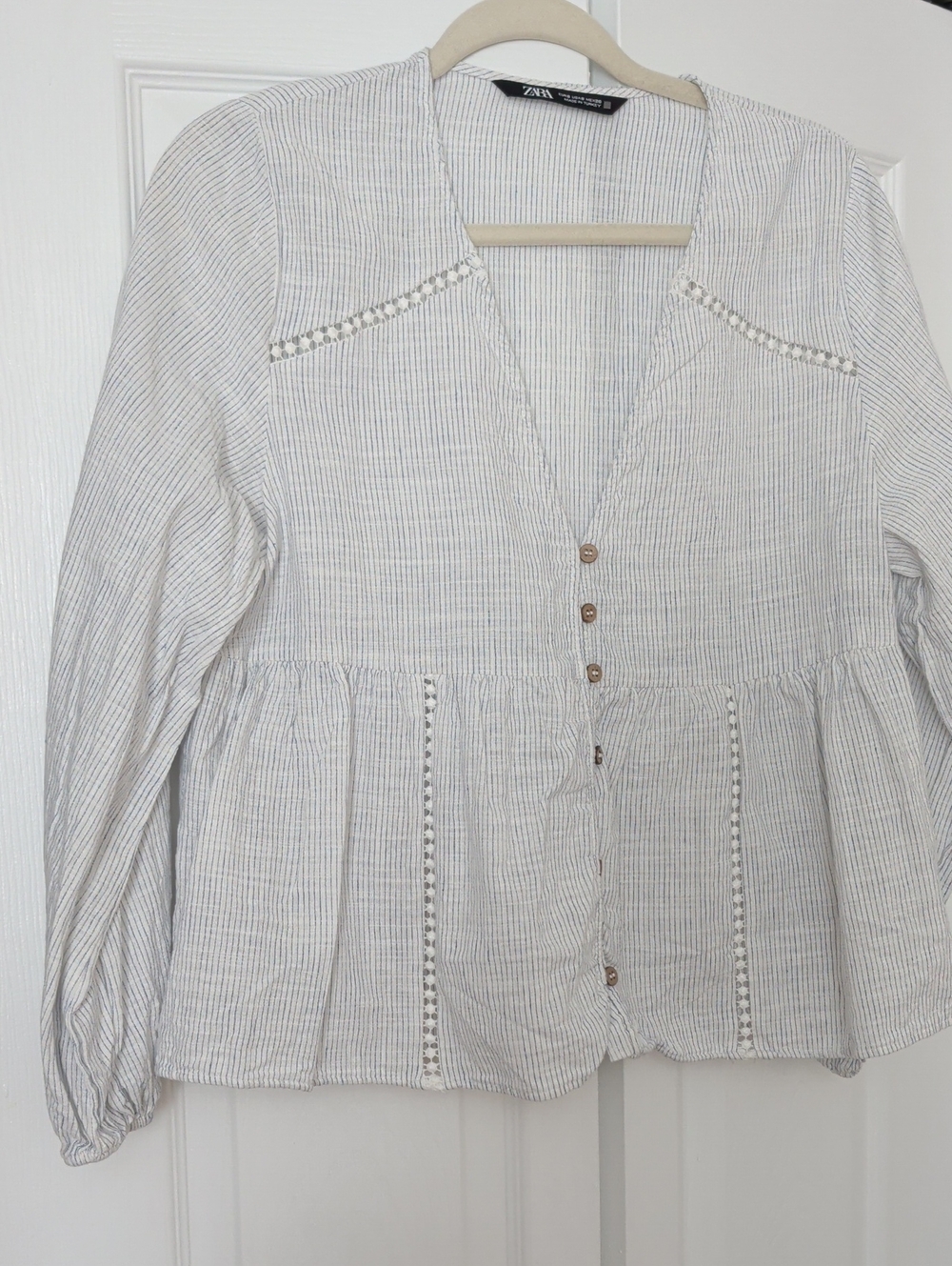 Zara White and Light Blue Pinstriped Button-Front Peplum Top